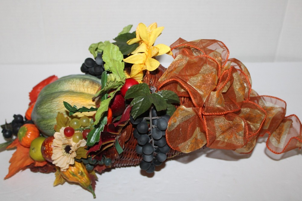 Cornucopia in Wicker Basket with Artificial Fall Thanksgiving Flowers
