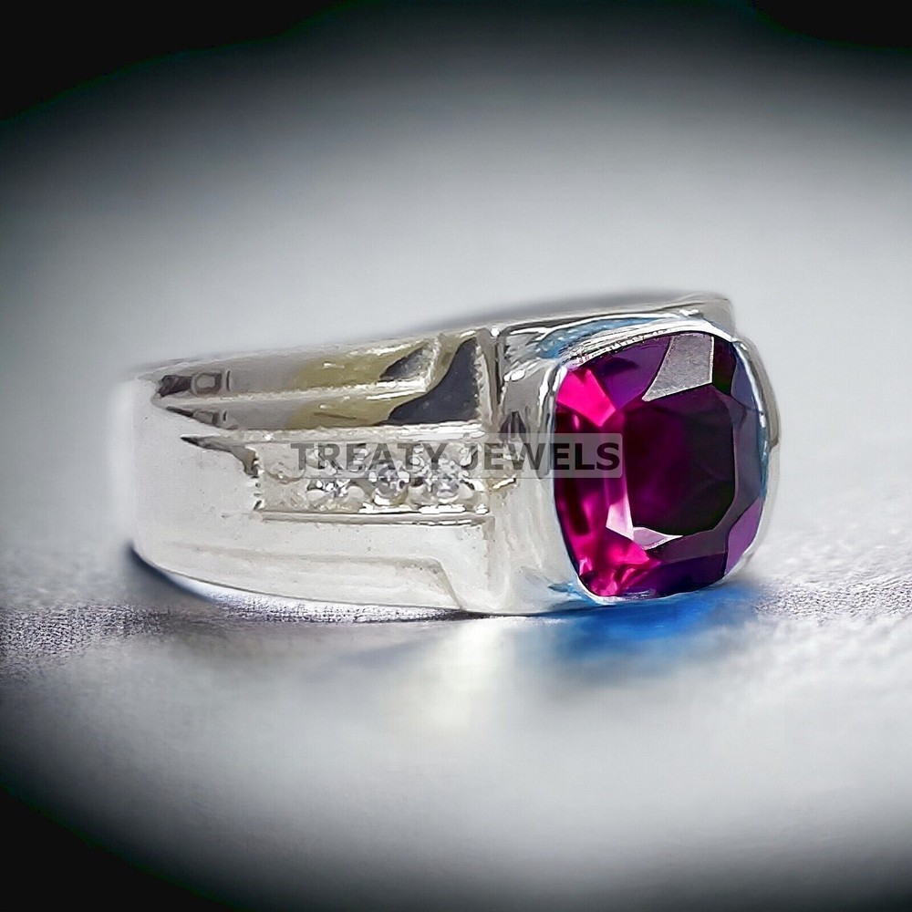 Ruby Cushion Cut Gemstone With 14K Solid White Gold Ring For Men's #974