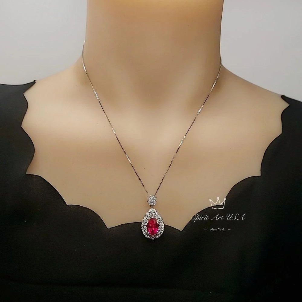 Large Teardrop Ruby Necklace - 3 CT Red Ruby Pendant - Gemstone Petal Flower -