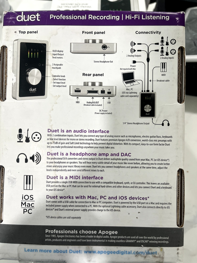 Apogee Duet 2 USB Interface - COMPLETE Bundle Box + 2 Breakout Cables - Unused