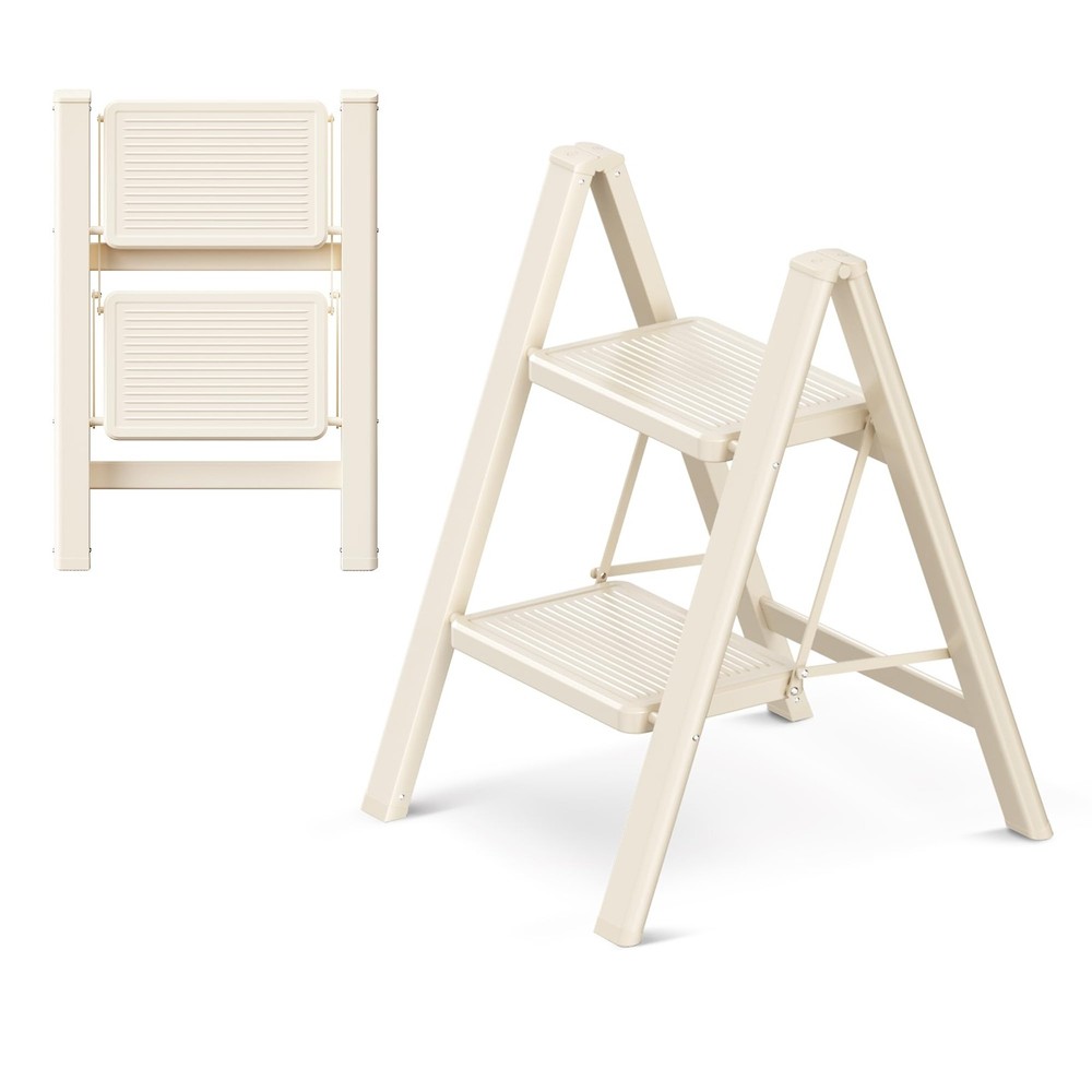 GameGem 2 Step Ladder Folding Stool with Wide 2 STEP, Cream White