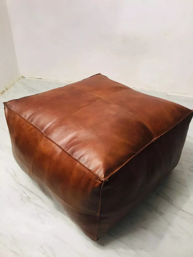 Handcrafted Brown Leather Pouffe Square Ottoman Morrocan 30'' New Unstuffe