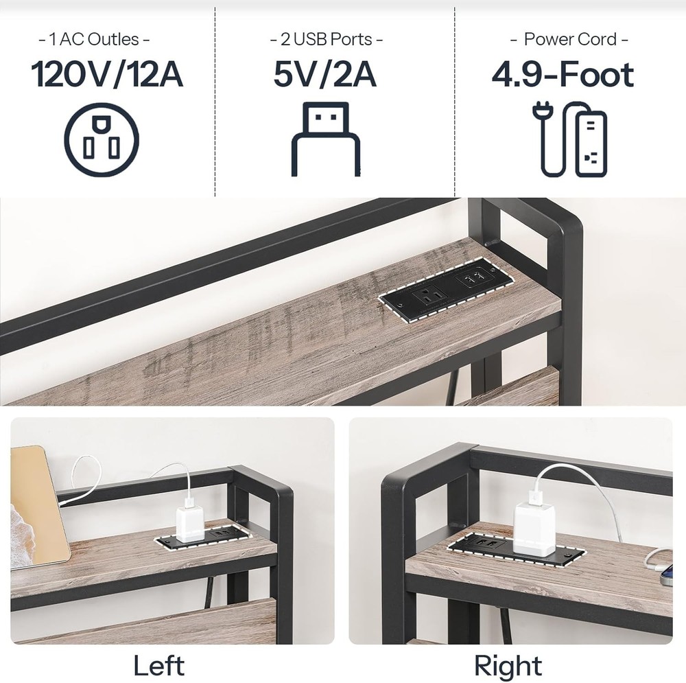 Adjustable Full Size Headboard with Shelving, USB Ports & Elegant Greige Design