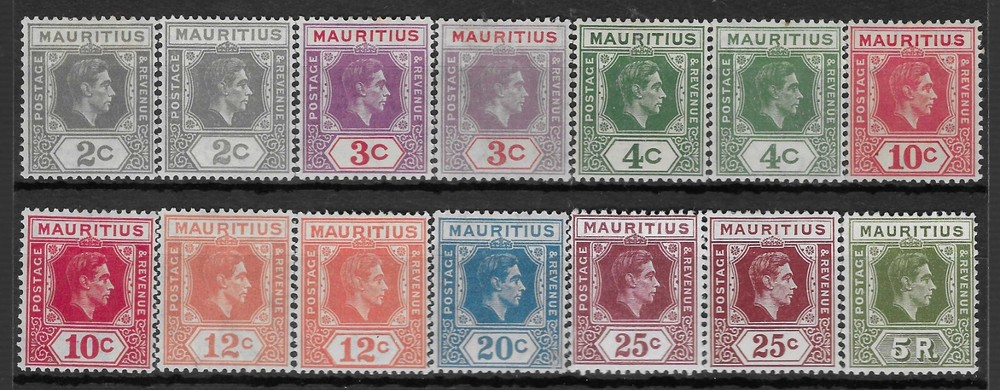 MAURITIUS 1938-49 MH DEFINITIVE RANGE INCL. 5f. ALL DIFFERENT TYPES.  (5212)