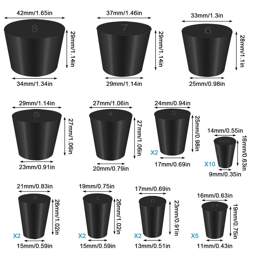 28 Pack 11 Assorted Sizes Solid Rubber Stopper, 000# 8# Tapered Lab Bungs Ru...