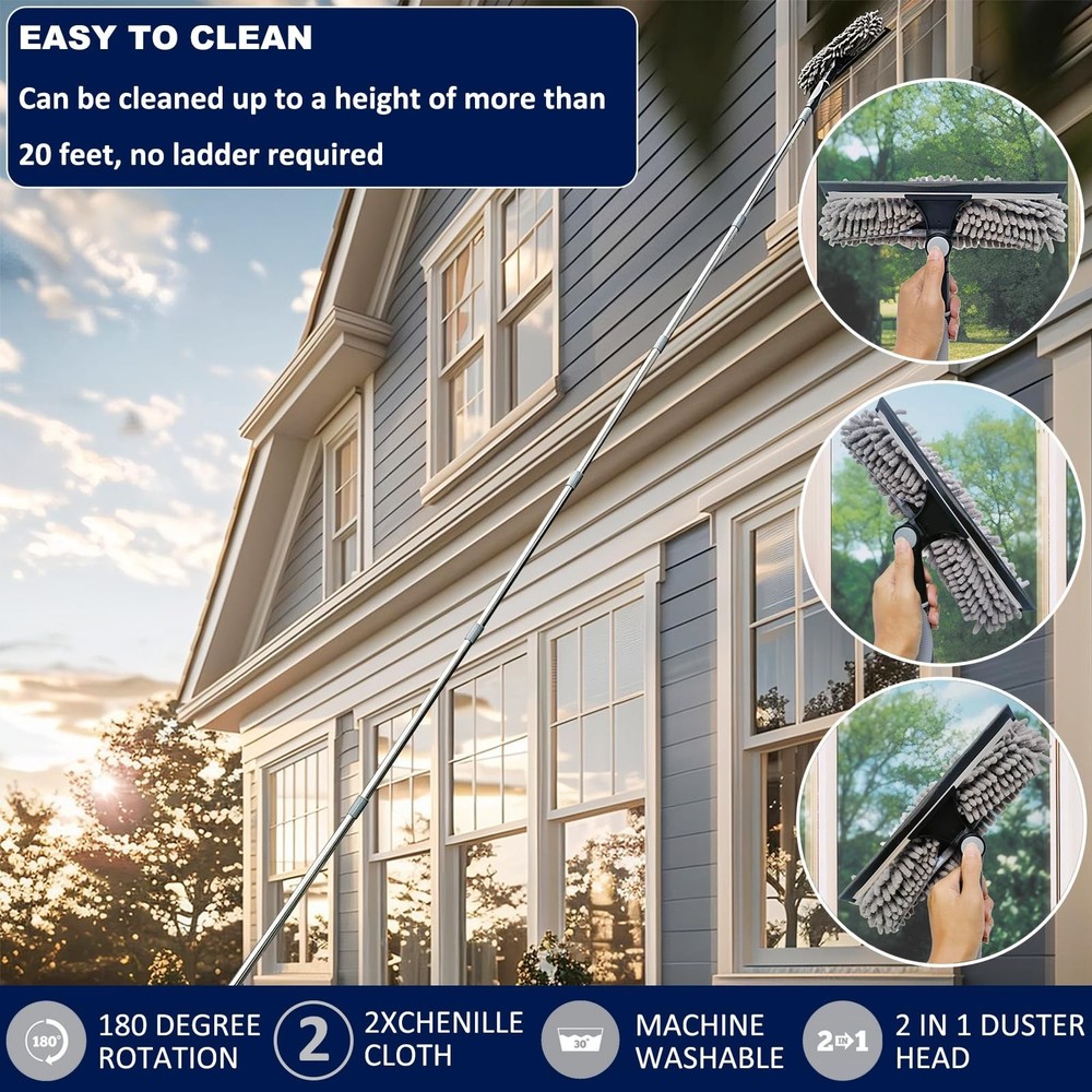 20ft+ Window Cleaner Squeegee 2-in-1 Rotatable Tool with Duster Extension NEW