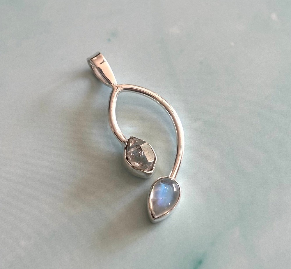 MOONSTONE WITH HERKIMER DIAMOND STERLING SILVER PENDANT