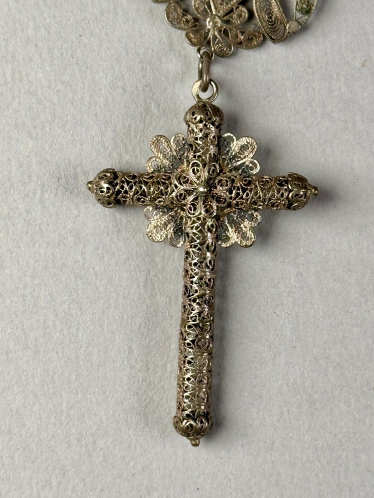 Antique MOP Balamuti Bead Rosary Filigree Silver Cross Crucifix Pendant Necklace