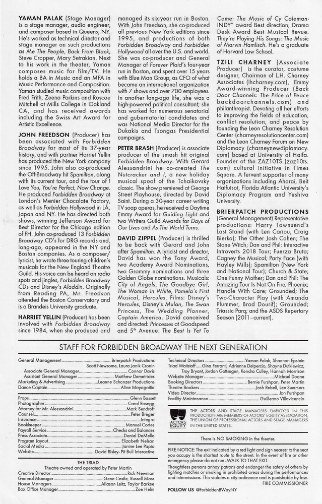 Gerard Alessandrini "FORBIDDEN BROADWAY" ("The Next Generation") 2019 Playbill