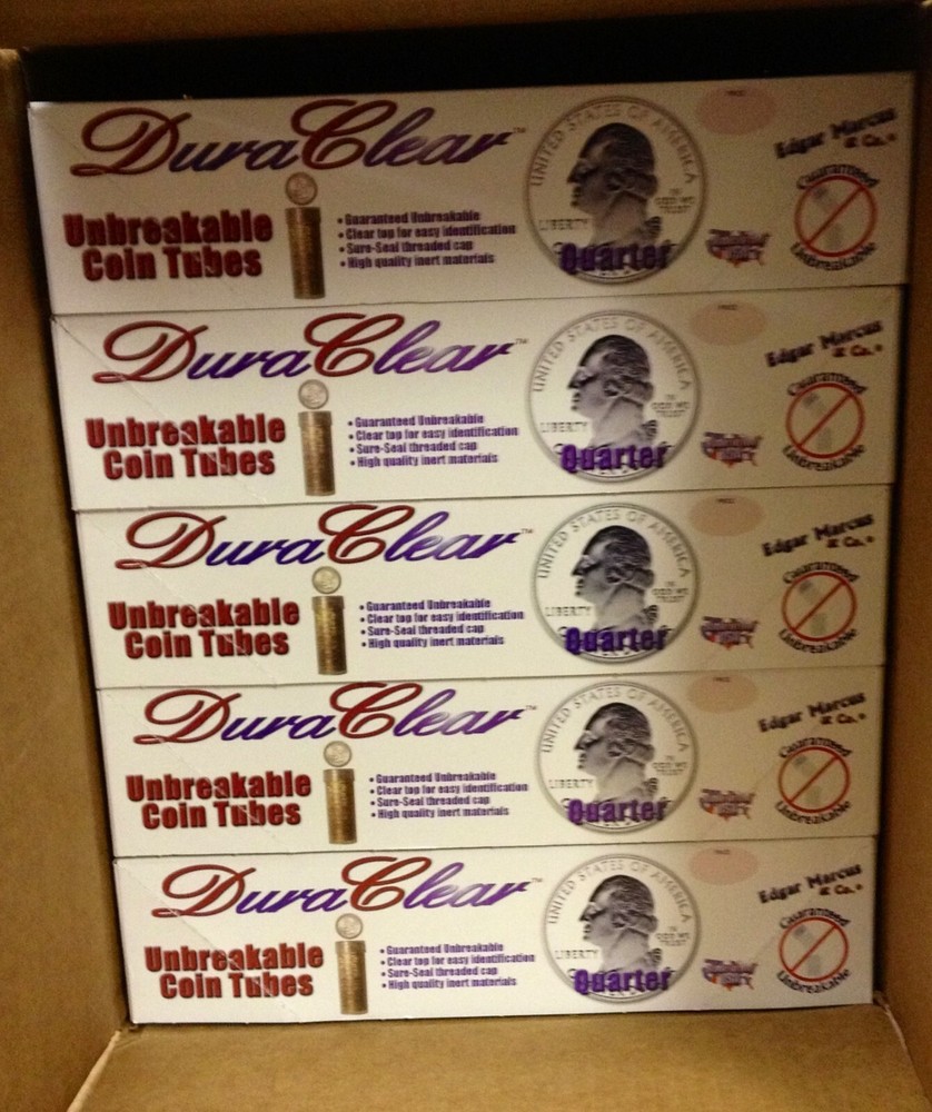 5 EMPTY DuraClear Quarter Coin Tube Boxes with inserts - NEW