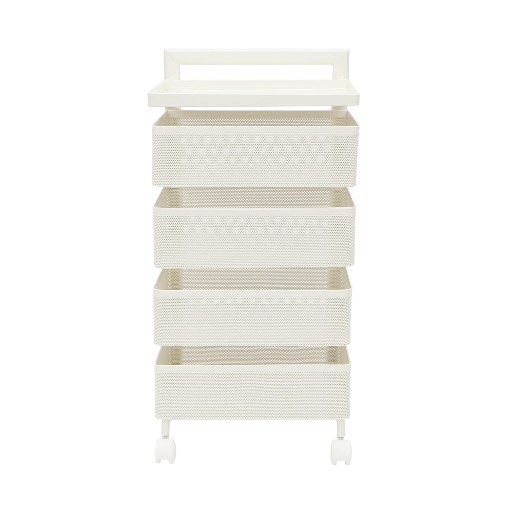 ROTATING STORAGE CART KITCHEN ORGANIZER WITH WHEELS & 4 STORAGE BASKETS, WHITE