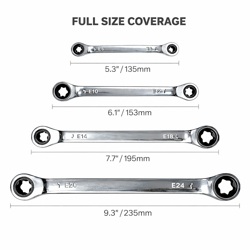 E-Torx Double Box Ratcheting Wrench Set, 4 Sets 72-Tooth Dual Head E6 E8 E10 ...