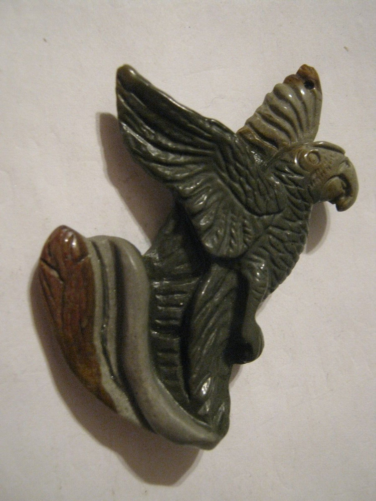 Hand Sculpted Grey & Red Jasper PARROT in Flight 2 5/8" Pendant, 2 Sided
