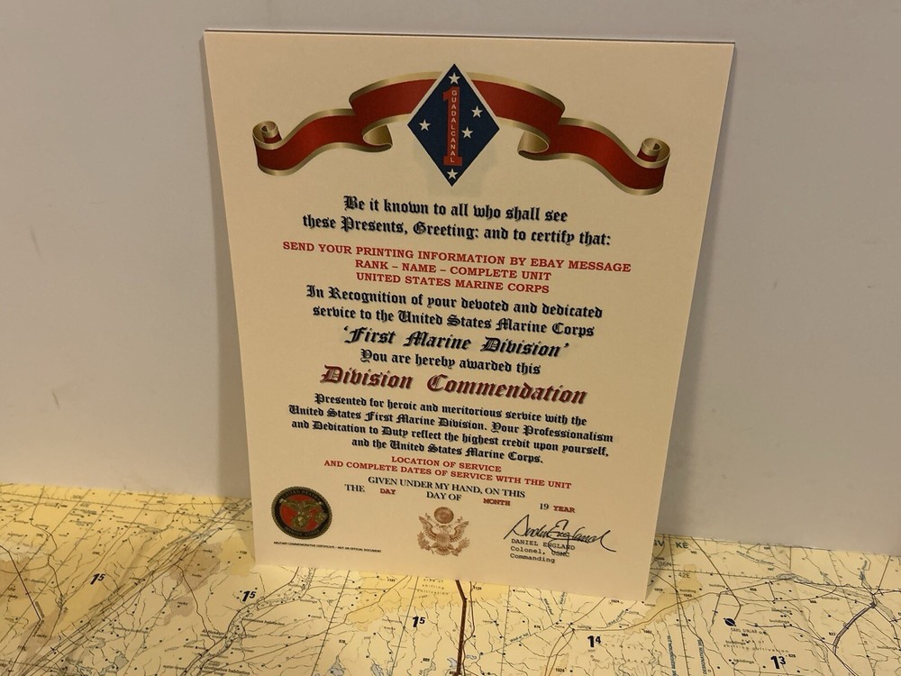U.S.M.C. / FIRST MARINE DIVISION ~ DIVISION COMMENDATION REPLACEMENT CERTIFICATE