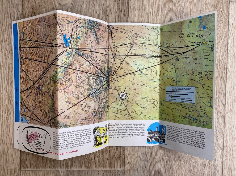 Western Airlines System Route Map and Information Guide 1960s Fold Out Maps