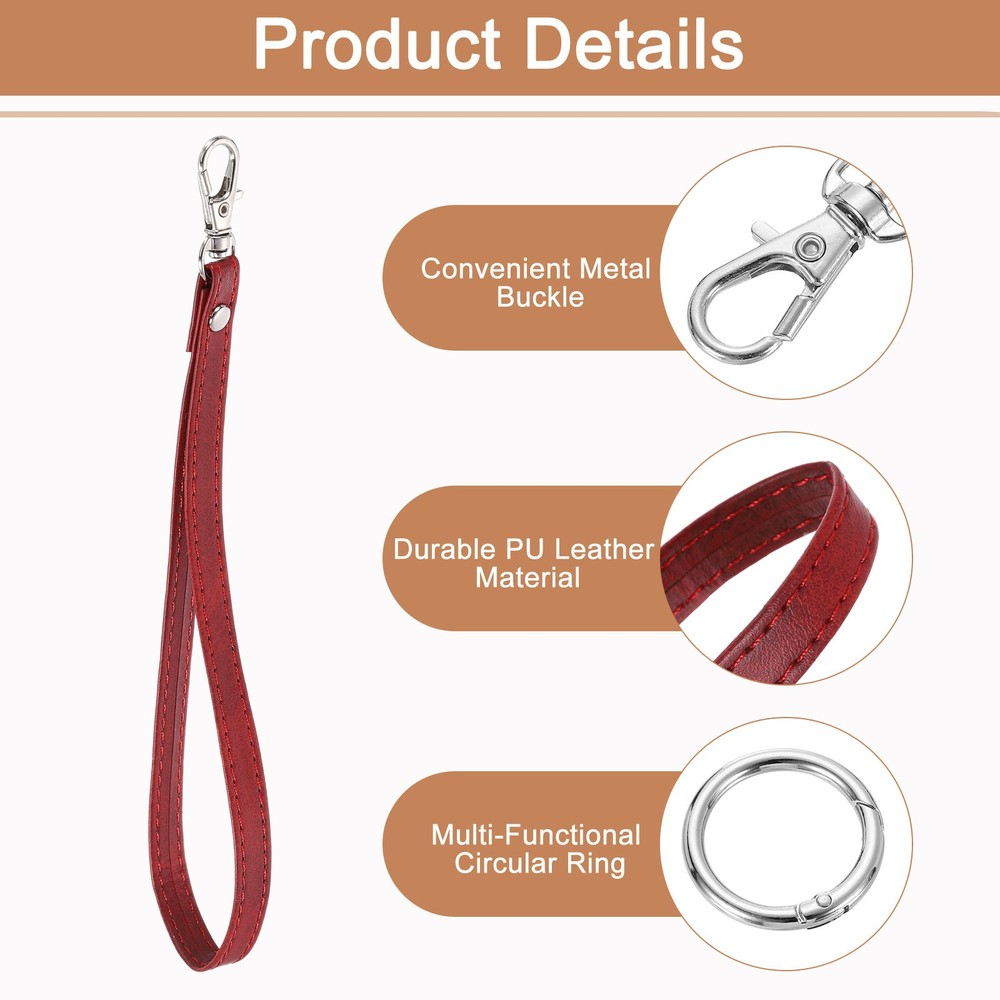 2Pcs Wristlet Strap PU Keychain Hand Strap with Circle Ring Wine Red