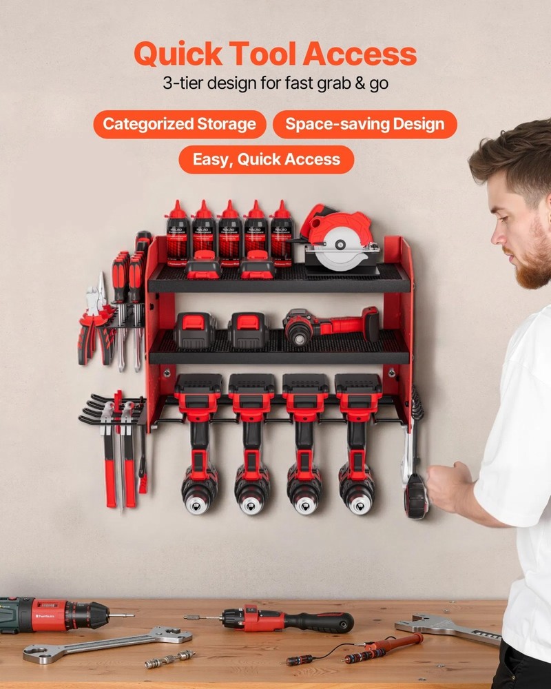 Power Tool Organizer Wall Mount, 3-Layer Storage Rack with 4 Drill Holders,