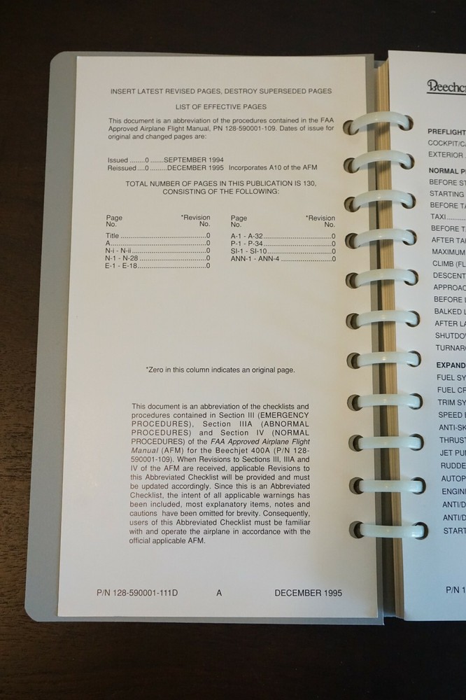 Raytheon Aircraft Company Beechjet Model 400A Pilot Checklist