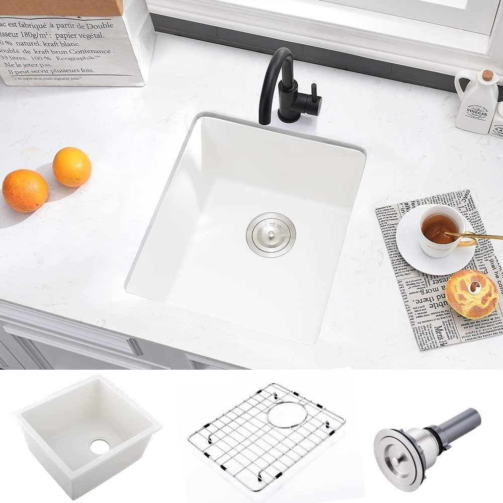 Undermount Kitchen Bar Sink 15x17 White Quartz Composite + Fitted Cutting Board