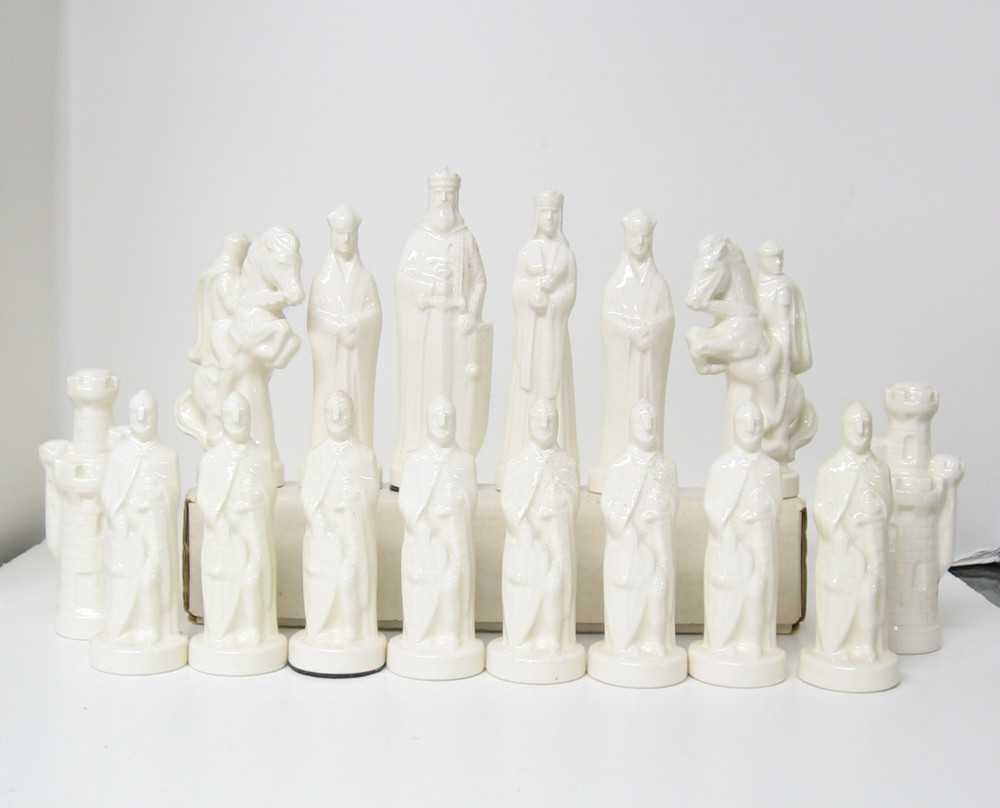 Black & White Tall Glazed Ceramic Chess Set 6" King-Complete-No Board