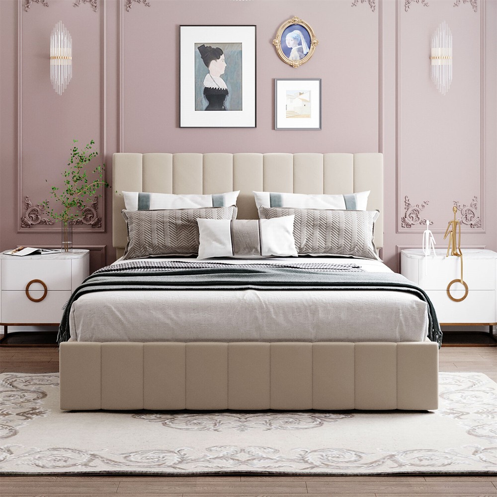 Queen Size Bed Frame Upholstered Platform Bed w/ Hydraulic Storage System