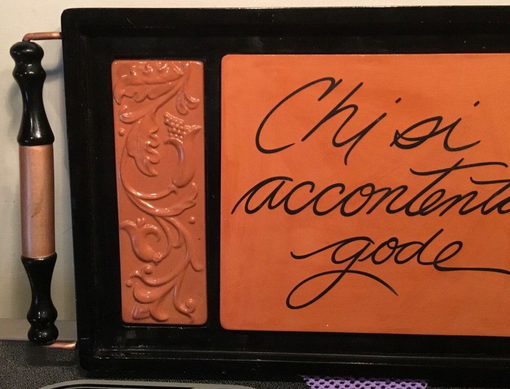 CHARMING PRESENTATION TRAY W/ HANDLES “SCRIPT CENTER“ TEXT “COFFEE,FRUIT,CHEESE“