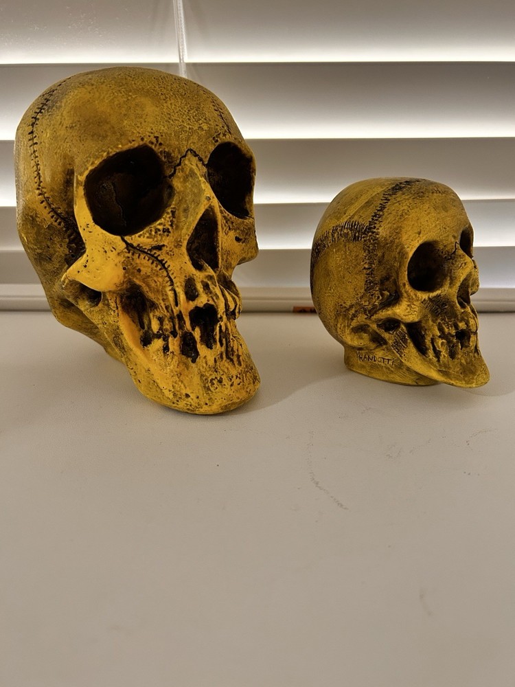 2 EA.RANDOTTI ORIGINAL FLUORESCENT YELLOW LARGE & MEDIUM SKULLS STILL GLOW