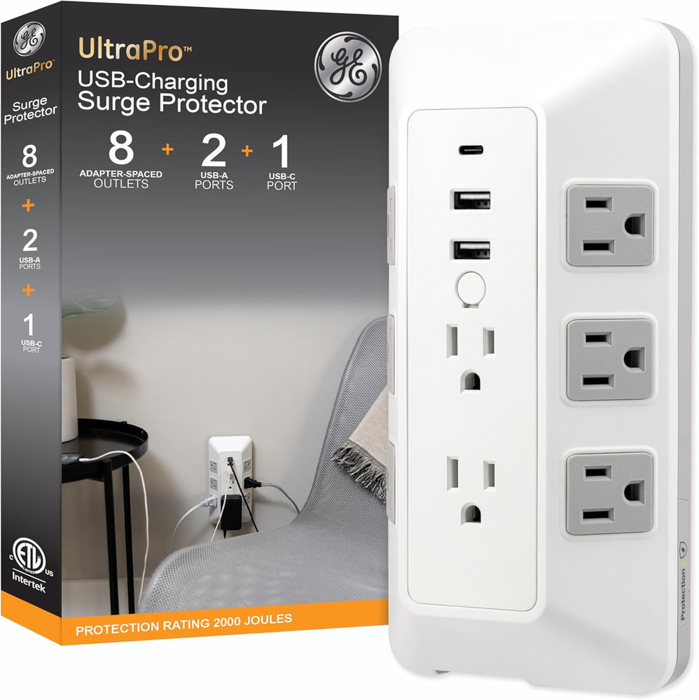 8-Outlet Sur Protector with USB, Outlet Extender, 2 USB-A, 1 USB-C, Adapter Spac