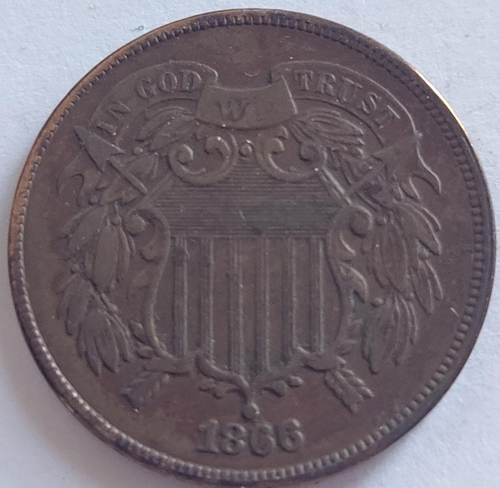 1866 US SHIELD PENNY 2 CENT VF DETAILS