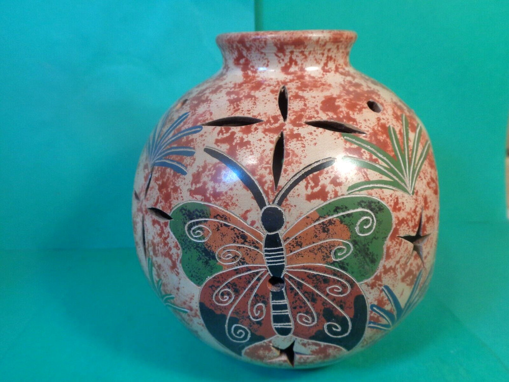 Pottery Tropical Pattern Tea Light/Candle Globe, Brazil (Used/EUC)