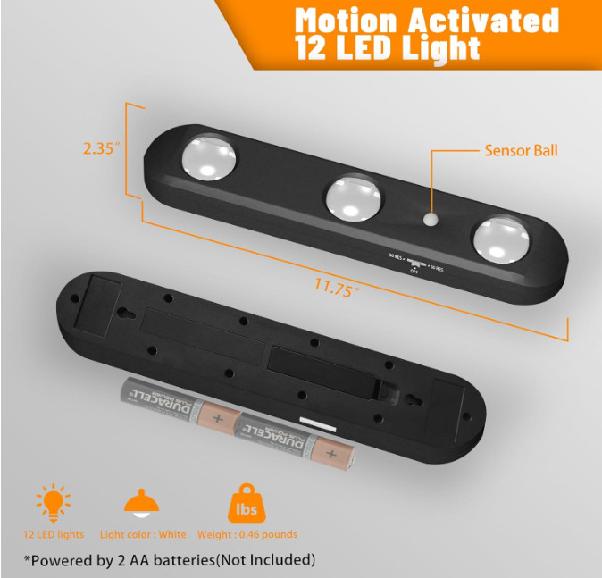 Motion Activated LED Gun Safe Light with Rotatable Lens Battery Powered Black