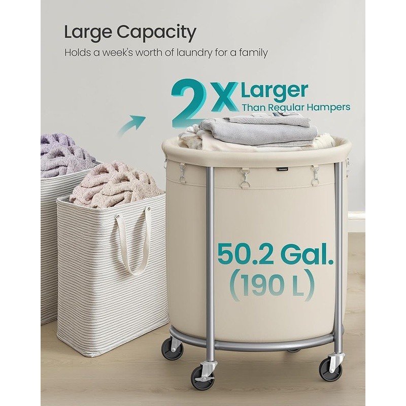 Large Laundry Basket W/ Locking Wheels Durable Portable Laundry Cart on Casters