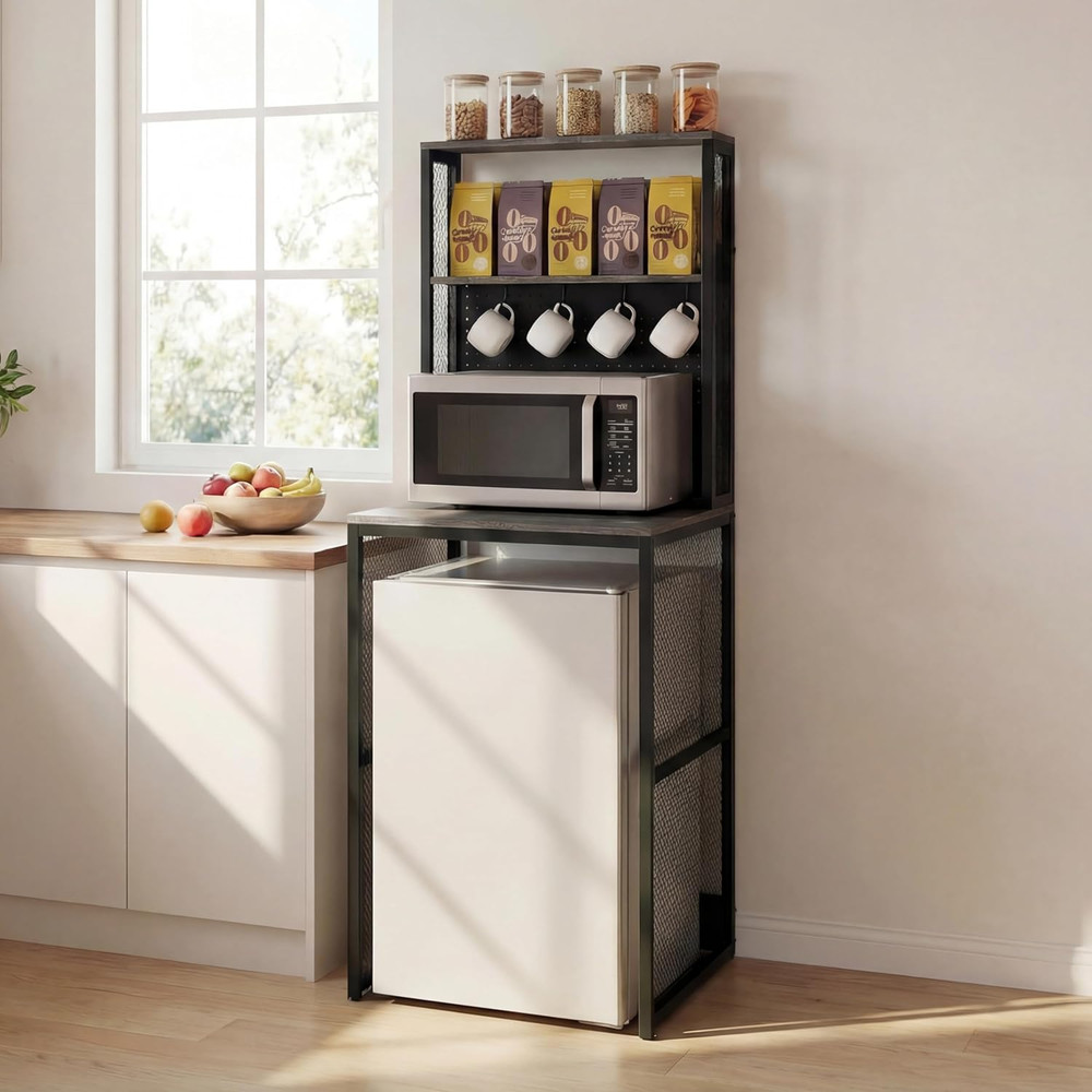 Mini Fridge Stand Shelf with Storage, Bakers Rack Coffee Bar Table Microwave Ove
