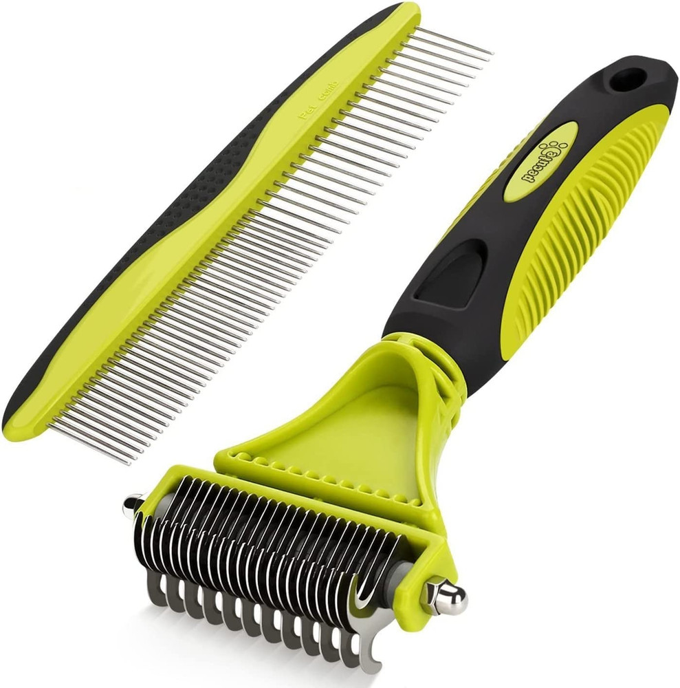 Pet Dematting Tool 2 Pack - Double Sided Undercoat Rake & Dematting Comb for Det