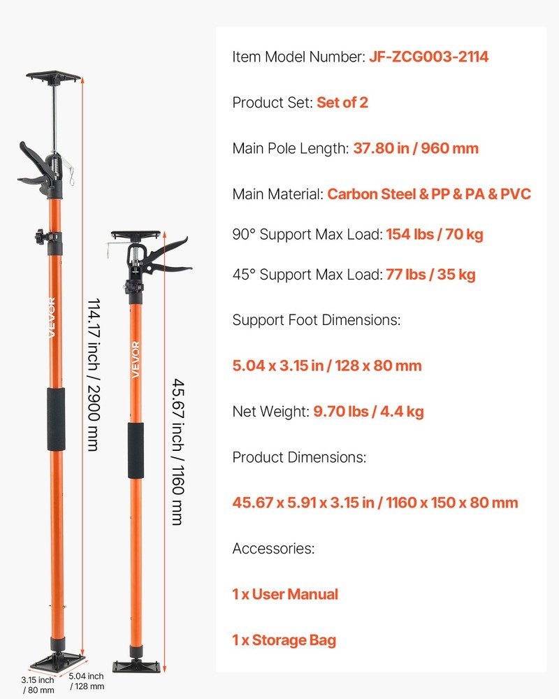 VEVOR 2Pcs Cabinet Jack Support Pole 45.7-114.2 in Telescopic Quick Support Rod