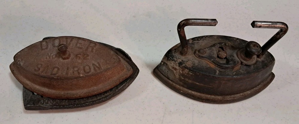 Two Sad Irons, Handle, Iron Rest, Four Piece Set