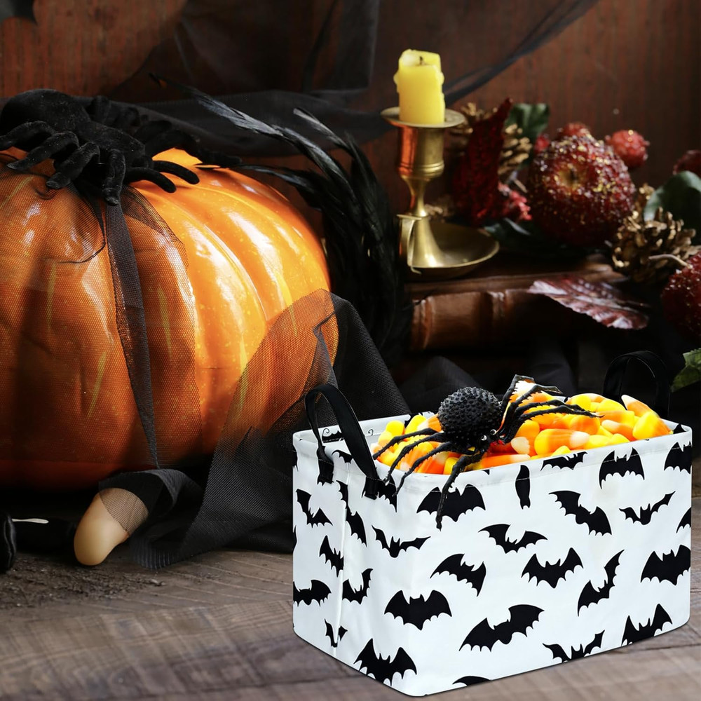 Bat Pattern Halloween Storage Gift Basket Canvas Bins With