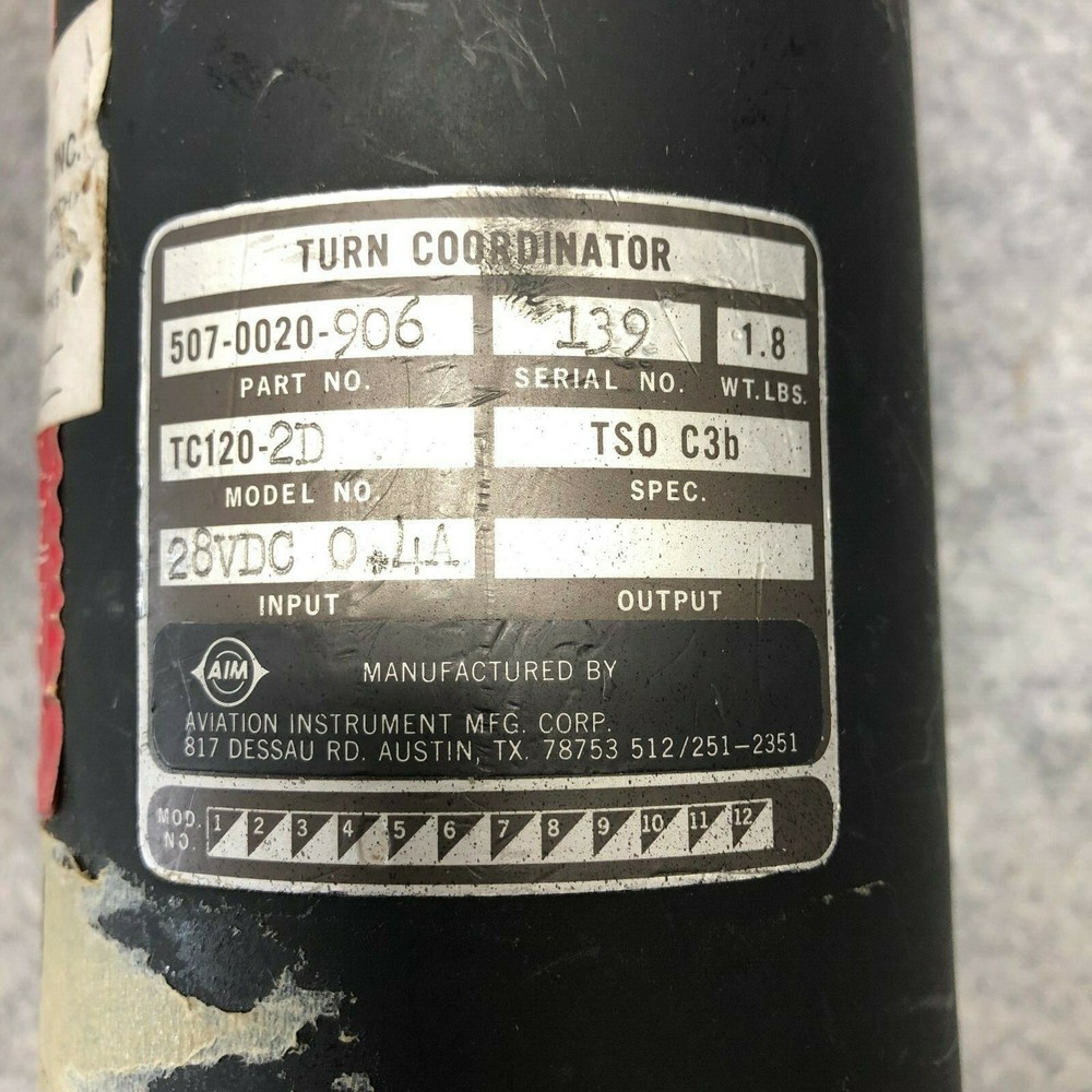 Beechcraft Turn Coordinator TC120-2D P/N 507-0020-906