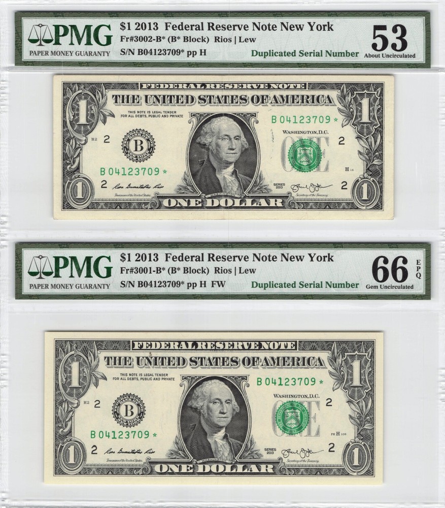 2013 $1 Star Note Duplicate Serial Error Pair TOP POP 53 66 PMG Highest Grade