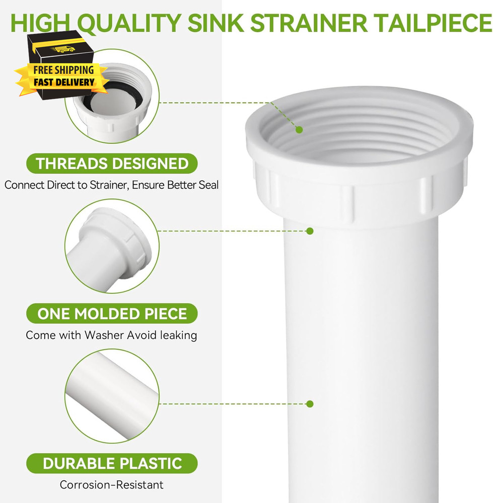 PP15-6W Sink Strainer Tailpiece 1-1/2" Dia X 6" L Threaded Sink Tail Piece Repla