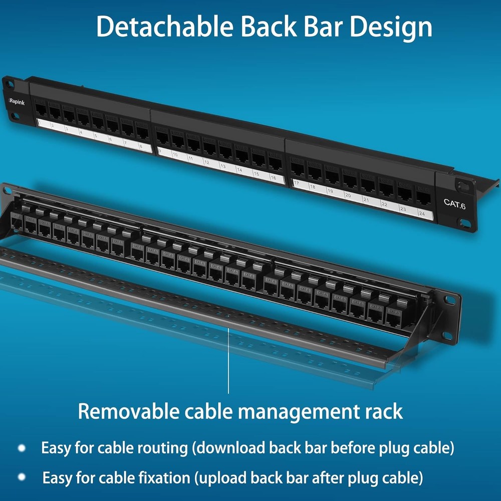 Patch Panel 24 Port Cat6 with Inline Keystone 10G Support, Pass-Thru Coupler Pat