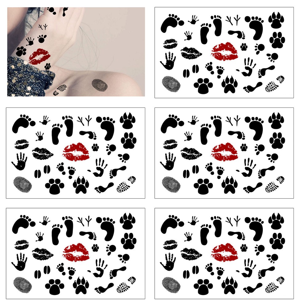 5 sheets footprint Temporary Tattoo hand Lip prints Arm Bows Temporary Tattoos