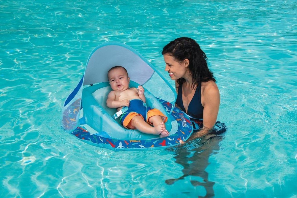 SwimWays Infant Baby Spring Float with Adjustable Sun Canopy - Blue Shark