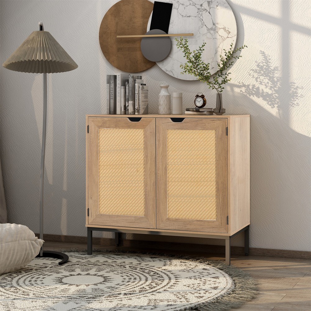 Set of 2 Rattan Storage Cabinets Kitchen Sideboard Buffet Cupboard Console Table