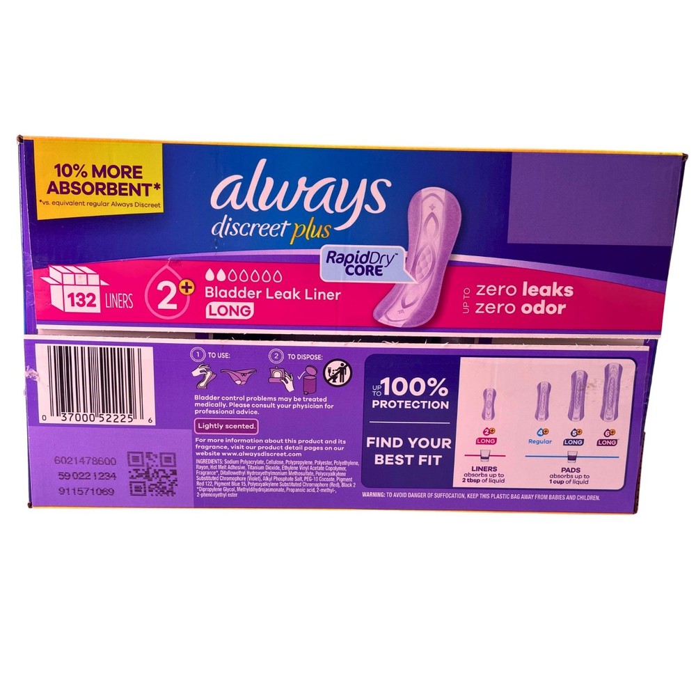 Always Discreet Plus Bladder Leak Liners Long 132 Ct 3 Pack New