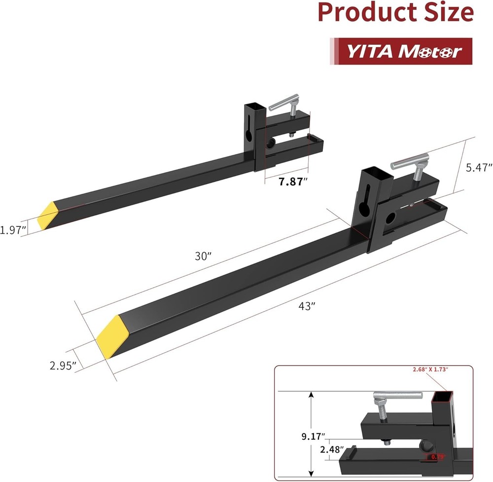 43" Quick Attach Heavy-Duty Forks for Tractors - Efficient 2000lbs Lifting