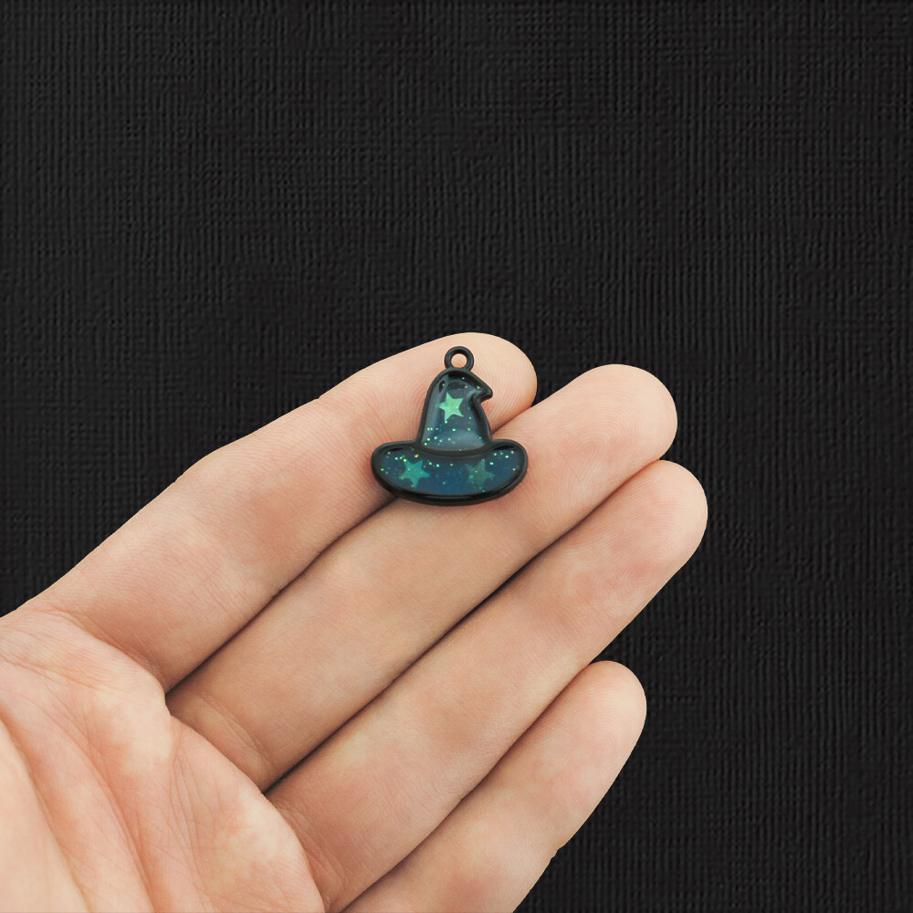 4 Blue Witch Hat Black Enamel Charms - E1138