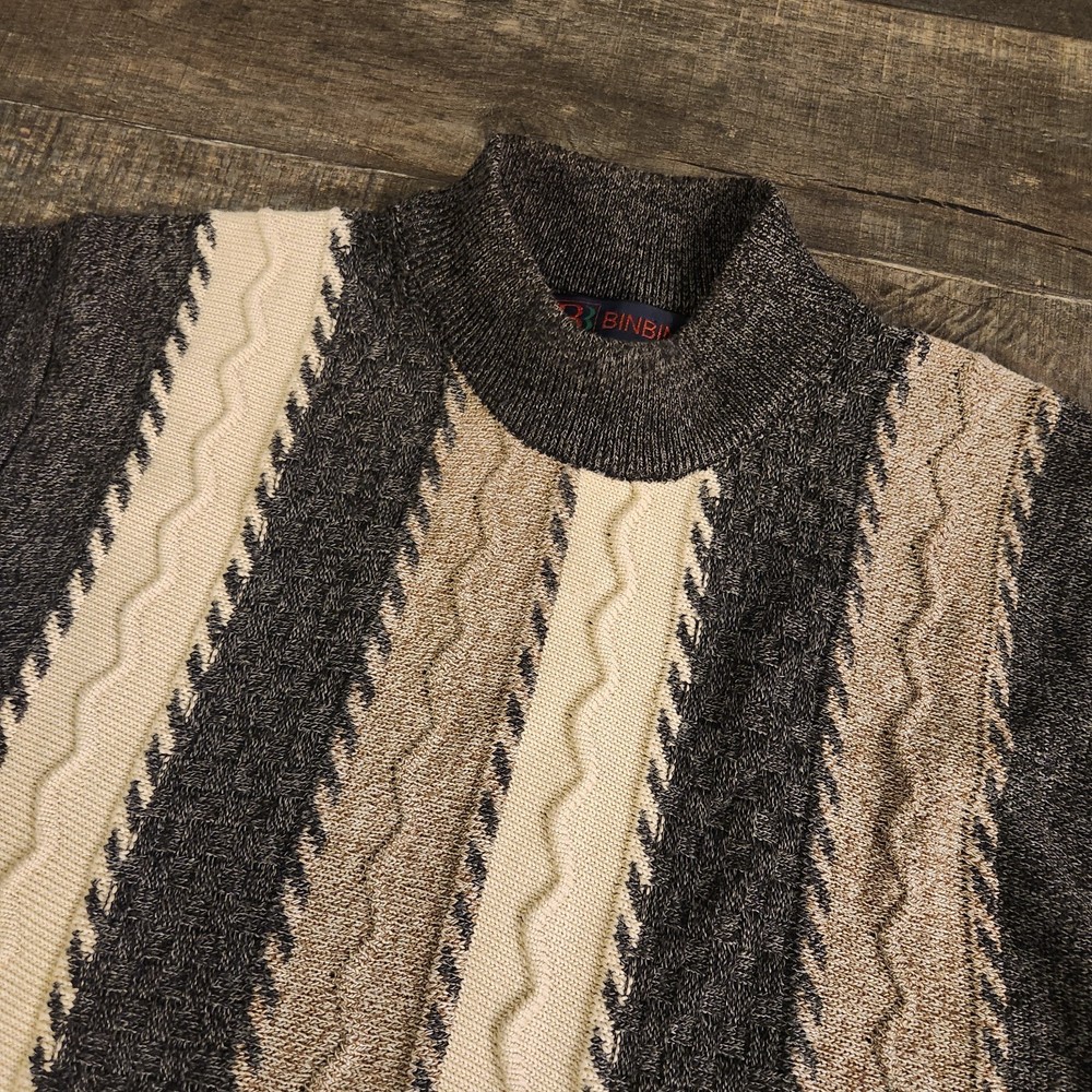 Vintage 3D Knit Sweater Men L Binbin Crewneck Pullover Cosby Coogie Style
