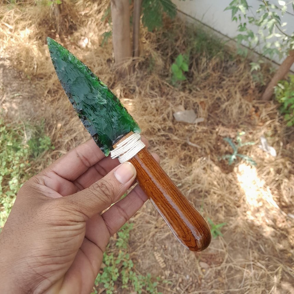 8" Green Obsidian Dagger, Hand-Knapped Crystal Arrowhead Knife ,