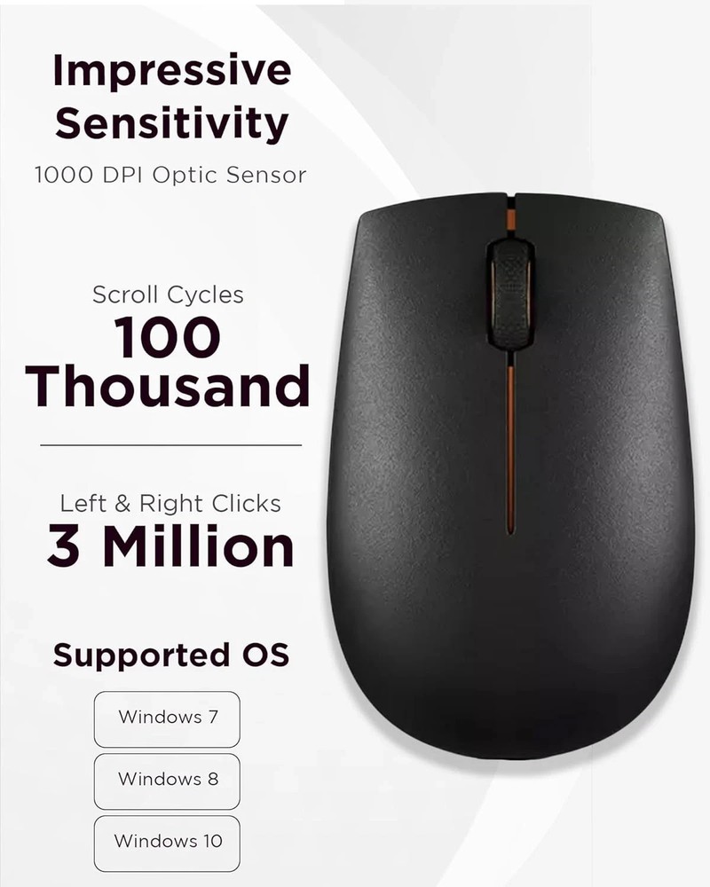 Lenovo 300 Wireless Mouse – Computer for PC, Laptop with Windows Black